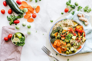 A traditional plant-forward plate — grains, legumes, and vegetables