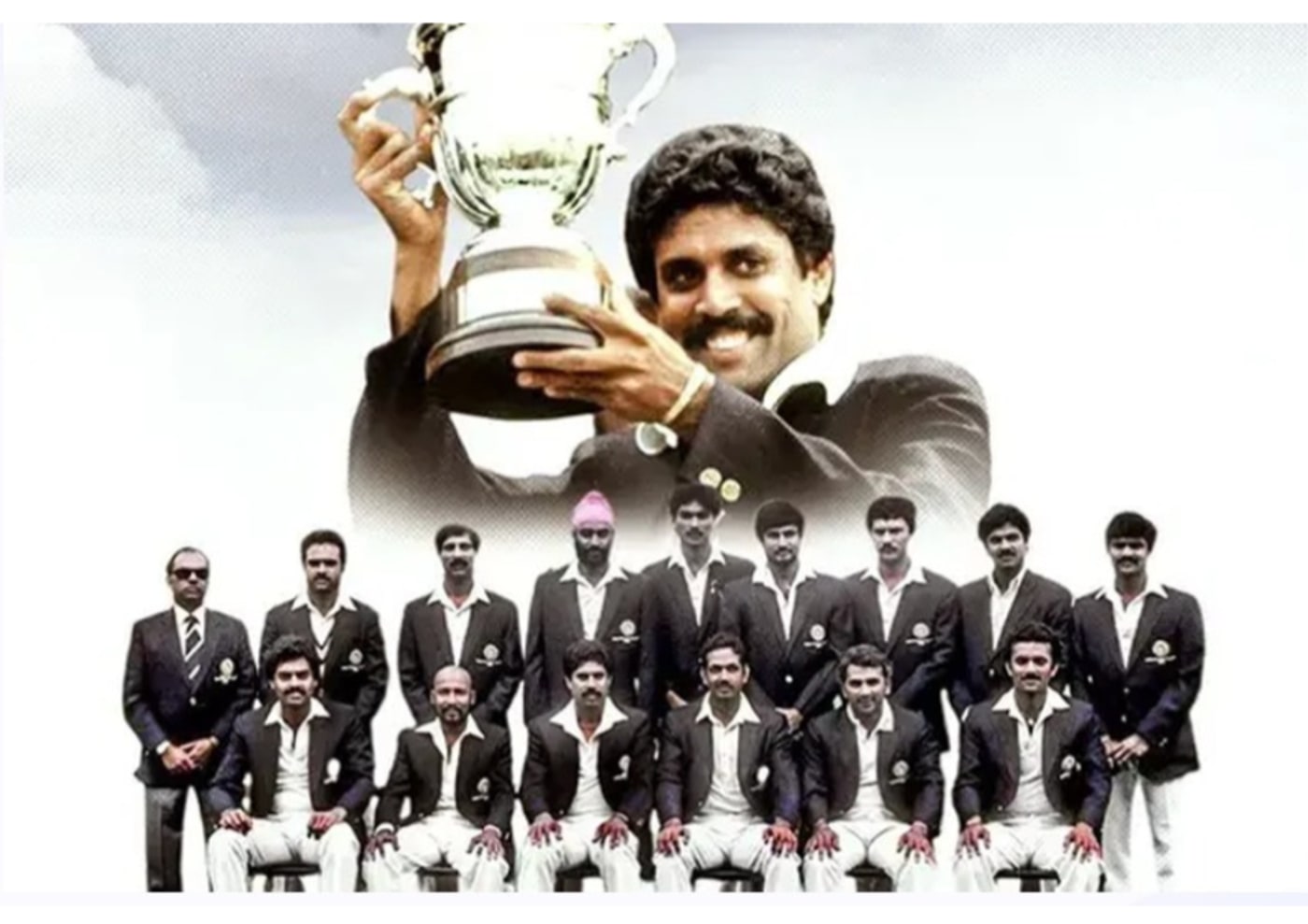 India's 1983 World Cup-winning cricket team, with Kapil Dev holding the trophy
